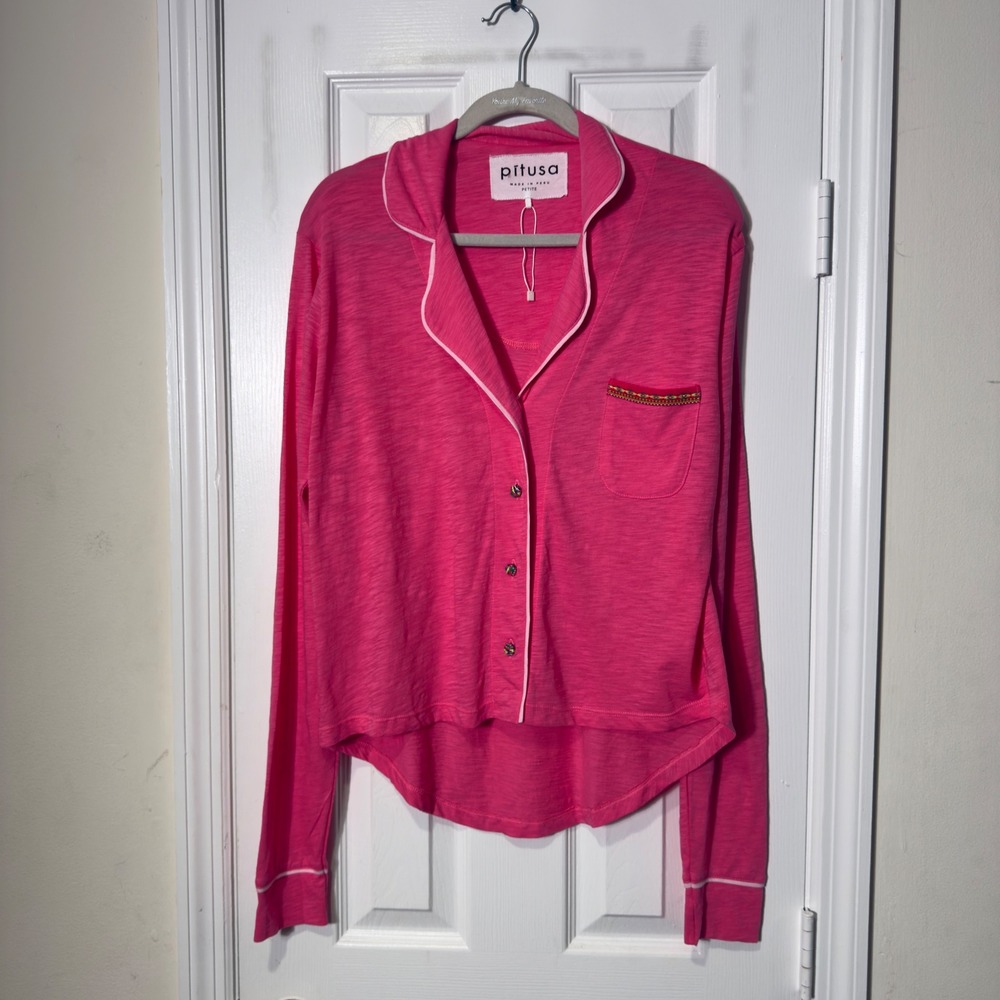 Pitusa Pink Pajama Lounge Top Petite Button Front Sleep Shirt
